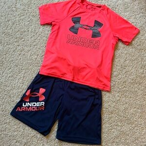 Under Armour size S set of navy shorts and orange tee